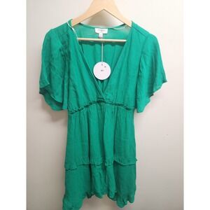 Umgee Green Flutter Sleeve Tiered Ruffle V Neck Casual Dress Women's‎ Size M